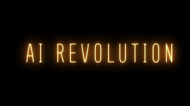 Vibrant orange neon text spelling out AIREVOLUTION glows intensely against a deep black background, symbolizing technological advancement and transformative change
