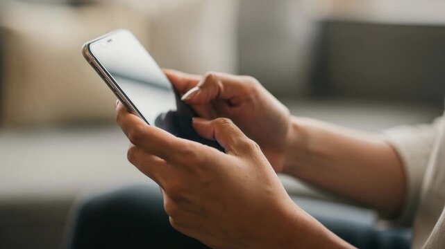 Person using smartphone with both hands scrolling and tapping on the screen modern digital device