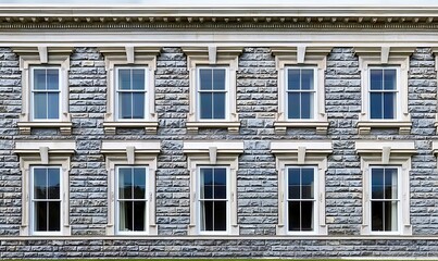 Naklejka premium Old stone building facade with rows of symmetrical windows and decorative trim.