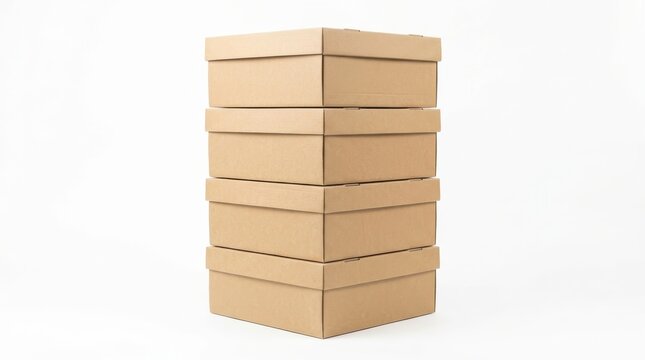 A stack of six plain brown cardboard boxes is neatly arranged against a clean white background, creating a minimalist and organized composition.