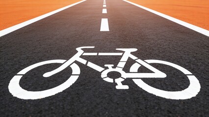 Obraz premium A bicycle lane marked on a black asphalt road. The lane features a white bicycle symbol, indicating a designated area for cyclists.