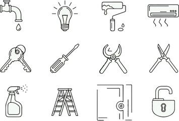 Fototapeta premium Home Maintenance and Repair Services Minimalist Line Icon Set.
