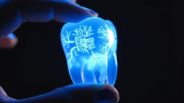 Hand holding glowing blue tooth model with digital circuit pattern