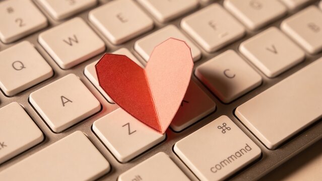 A close-up of a computer keyboard with a red and pink paper heart placed on the 'Z' key. The scene symbolizes love and technology.