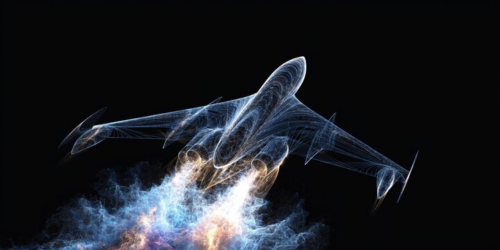 Futuristic jet airplane formed by glowing wireframe and energetic exhaust trails, concept of advanced flight technology.