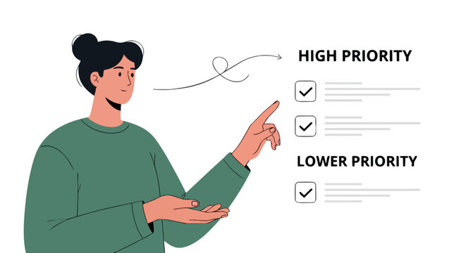 Woman managing task list with high and low priority checkboxes