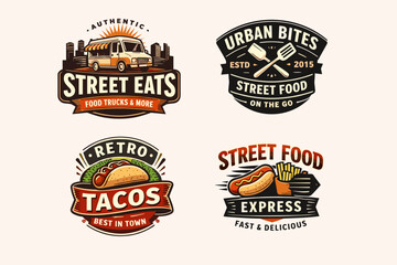 Fototapeta premium Street Food Logo Set with Retro Badges, Fast Food Labels and Urban Restaurant Branding