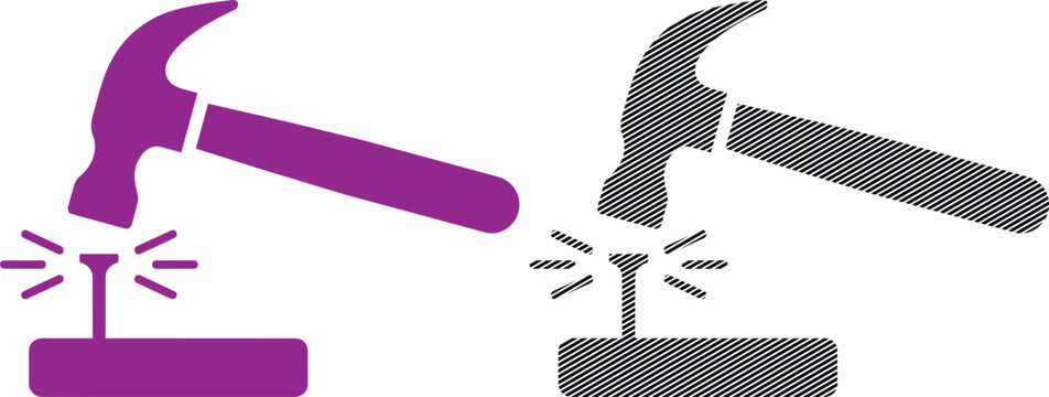 Vector hammer hitting nail icon. repair and construction tool symbol