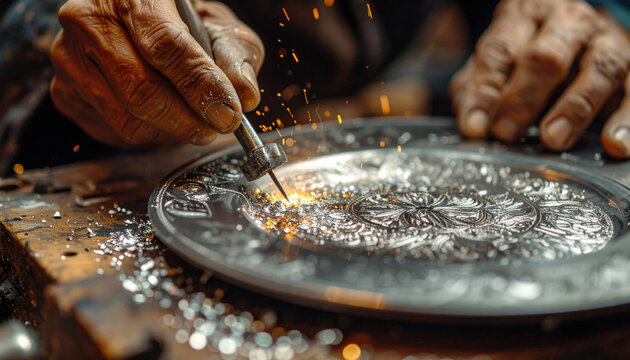 Focused artisan hand using hammer and tool to engrave detailed pattern on silver plate. macro shot of silversmith at work, creating handmade craft with sparks