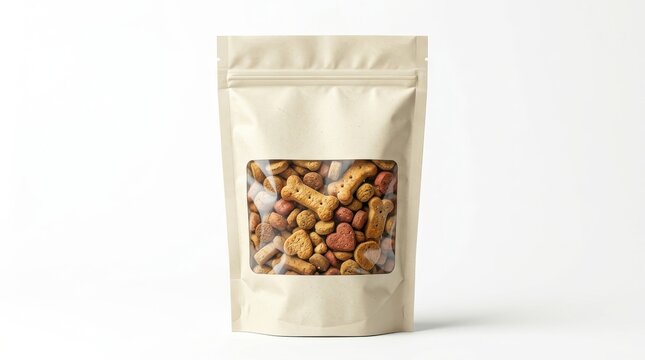 A cream colored stand-up pouch bag filled with assorted dog treats, presented in a studio shot with a clean white background.