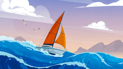 Naklejka premium A sailboat rides turbulent waves under a vibrant purple sky with orange sails and distant mountains.