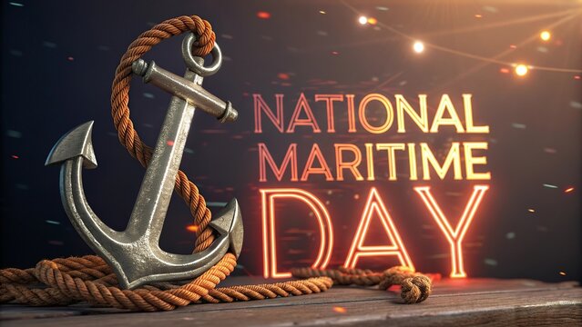 Glowing nautical anchor honors National Maritime Day with rope texture details.