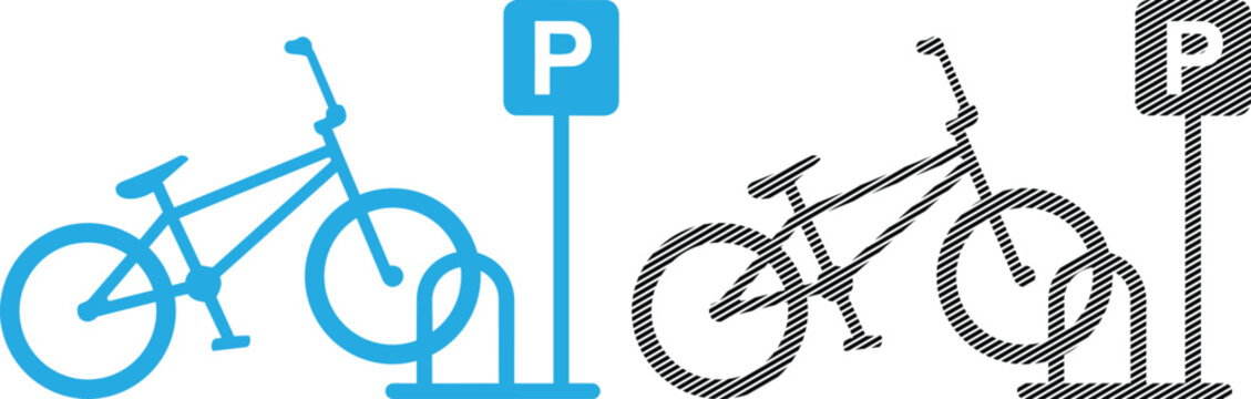Vector bicycle parked at bike rack with parking sign with city life