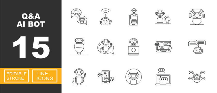 Intelligent Q&A AI Bot and Customer Support. Includes User-Robot Chat, Wireless Bot Connection, Smart Idea Bot, Customer Service Headset, Laptop Interface. Editable stroke line icons.