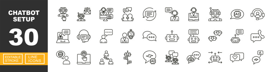 Fototapeta premium Automated Bot icon. Includes artificial intelligence, chatbot assistant, message automation, robot head, digital communication. Editable stroke line icons.