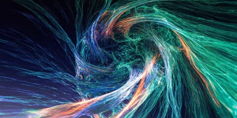 Naklejka premium Powerful abstract energy vortex with green and blue spectral threads swirling into central light source on dark blue background.