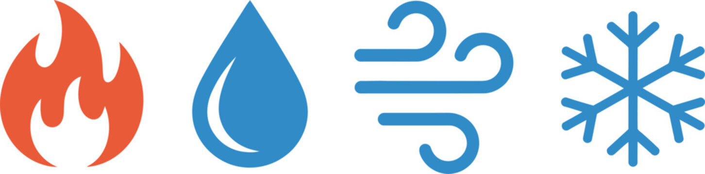 Elemental icons fire water air ice colorful symbols, simple modern graphic row layout, vibrant distinct elements, high quality professional detailed elegant vector illustration.