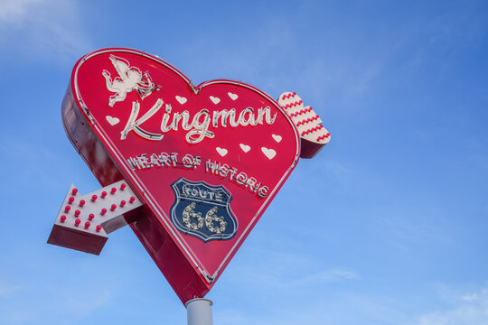 Kingman, Arizona - March 28, 2026: Neon sign for the Heart of Historic Kingman downtown area along Route 66 in historic Kingman AZ