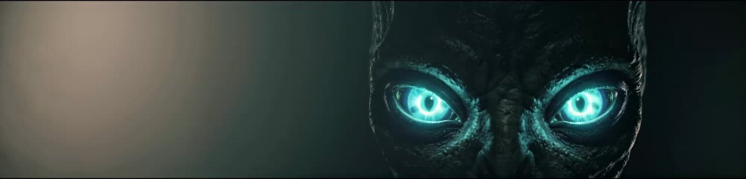Glowing blue alien eyes emerging from dark background with copy space, website banner format, mysterious concept, danger alert, sci fi creature, Halloween theme.