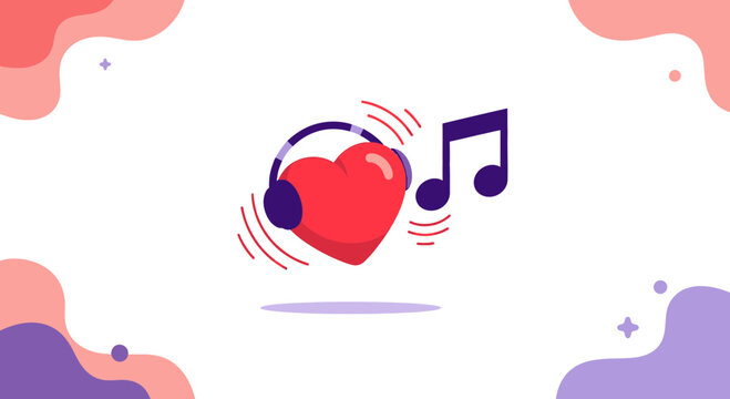 Heart with Headphones Listening to Music, Love Song Concept, Vector Art