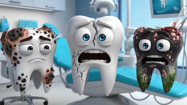 Three cartoon teeth suffering from decay and cracks in dentist office.