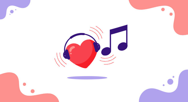 Heart with Headphones Listening to Music, Love Song Concept