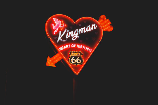 Kingman, Arizona - March 28, 2026: Neon sign for the Heart of Historic Kingman downtown area along Route 66 in historic Kingman AZ. Taken at night