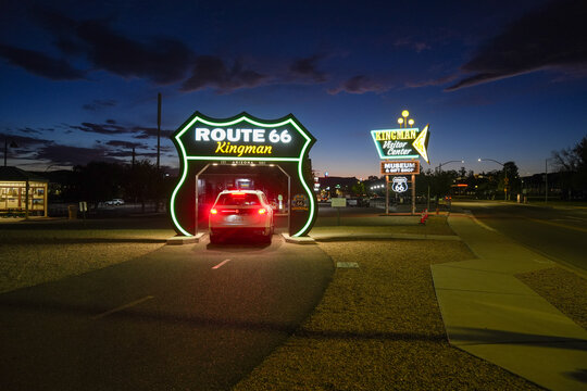 Kingman, Arizona - March 28, 2026: Drive through Route 66 archway for a fun photo op in historic Kingman AZ. Taken at night