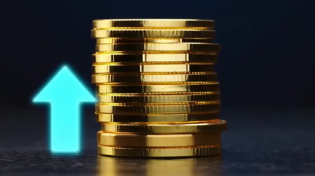 A close-up of gold coins stacking on top of each other next to a glowing blue upward arrow. This visual represents financial growth, stock market success, increasing wealth, and positive economic tren