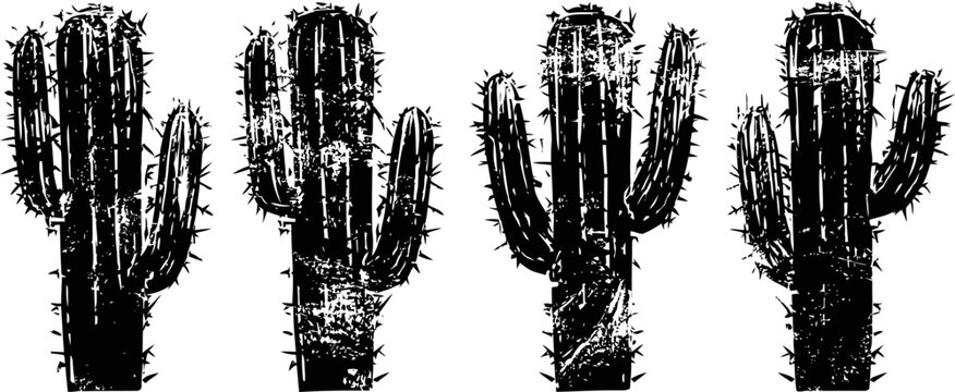 Grunge black cactus silhouettes set with textured distressed effect on white background