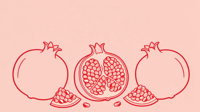 Minimalist Red Line Art Pomegranate Illustration on Soft Pink Background
