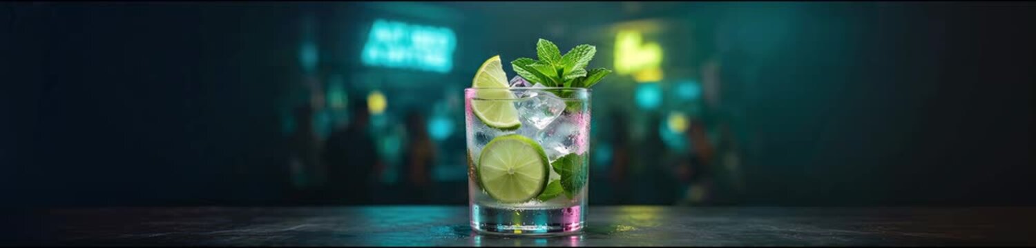 Mojito cocktail with lime and mint in glass on bar counter with blurred lights and copy space, website banner format, nightlife party concept, alcohol drink, club atmosphere.