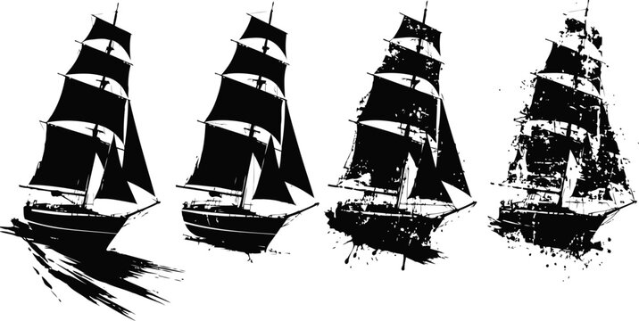 black sailing ship silhouette set with distressed textures and motion blur effect