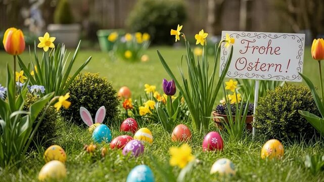 Colorful Easter eggs scattered on green grass in spring garden with tulips and daffodils. Frohe Ostern sign in German meaning Happy Easter. Festive outdoor decoration for Easter holiday celebration
