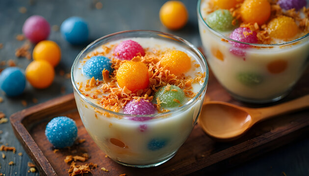 Thai sweet Bua Loi dessert features small colorful tapioca balls floating in sweet creamy coconut milk. Garnished with toasted coconut flakes, this treat is a vibrant dish.