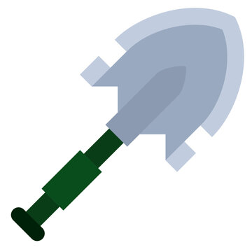 Military shovel flat design icon vector illustration, military tactical sapper shovel with ergonomic handle. Touristic equipment for camping and tourism. Stock illustration
