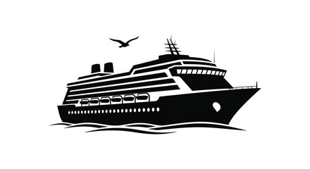 Fototapeta premium A striking black silhouette of a large cruise ship sailing on water accompanied by a flying bird silhouette high quality professional