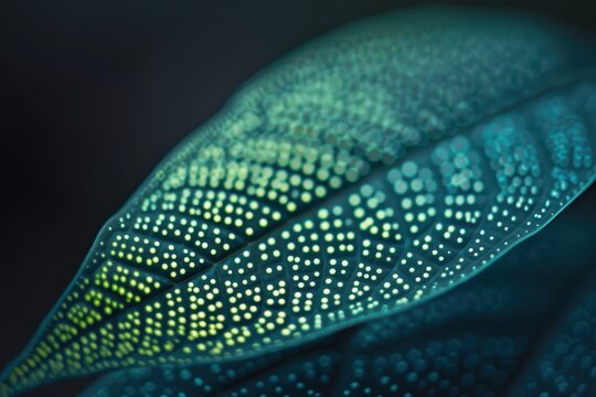 Macro shot of a leaf from a bioluminescent tree, revealing intricate patterns of light-emitting cells and advanced nanosensors for environmental monitoring