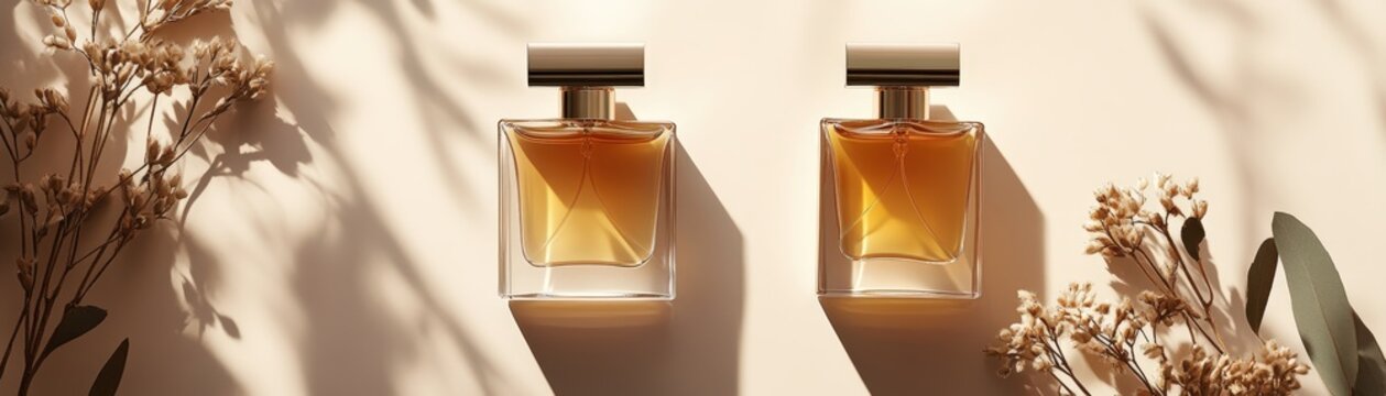 Stylish product comparison flat lay featuring designer perfume bottle next to budget-friendly dupe on sophisticated vanity surface. Consumer savings and alternative value options.