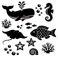 Obraz premium Set of whale, fish, seahorse, stingray, coral and starfish in linocut silhouette style for ocean and marine themes