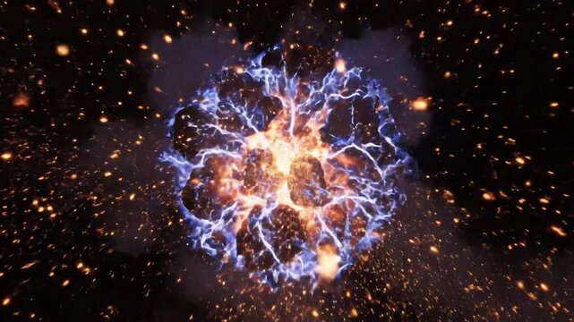 Fiery Explosion Burst with Sparks and Smoke on Black Background