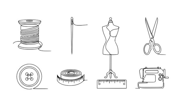 Continuous line drawing sewing tailoring icon set thread needle scissors vector illustration