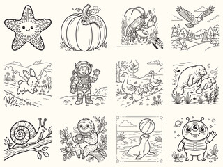 Fototapeta premium Group of busy ants carrying a large piece of swiss cheese through a garden path for educational coloring book page design