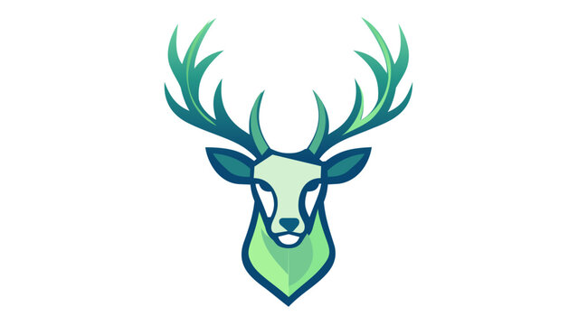 Majestic deer head vector illustration with large antlers, featuring a modern geometric design in shades of green and teal. This minimalist stag icon is perfect for nature and wildlife branding.