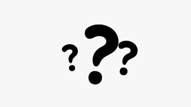 Simple 2D motion graphic of question mark icons appearing one by one in sequence, symbolizing inquiry, FAQ, confusion, help, and information search. Clean minimal animation suitable for explainer vide