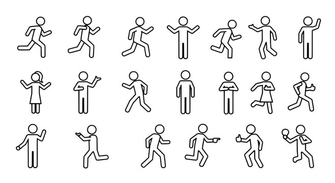 Stick figures running set with various poses and movements featuring icons, illustrations, graphics with people and human elements for figure,