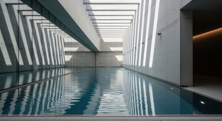 Fototapeta premium Modern indoor swimming pool with brutalist concrete architecture. Natural light creating rhythmic shadows on water.