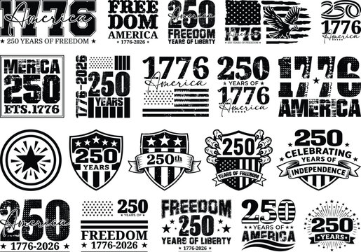 USA 250 SVG Bundle, 1776&ndash;2026 America 250 Years Vintage Design, Patriotic Independence Day Black Retro Typography, 4th of July Cricut Shirt SVG Collection