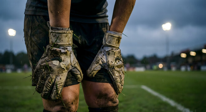 Detalle de portero de f&uacute;tbol con guantes sucios y rodillas manchadas de barro en un campo iluminado de noche