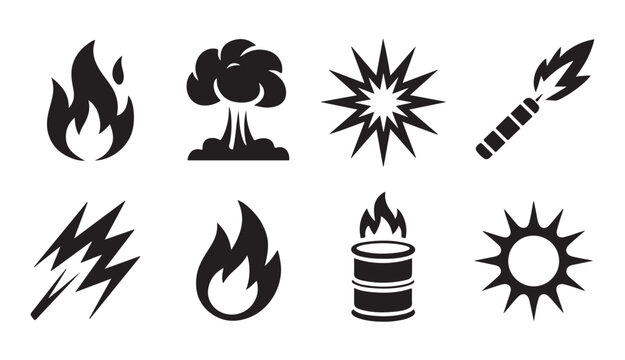 Hazardous materials and combustion vector icons featuring fire flames dynamite sticks and explosive clouds.